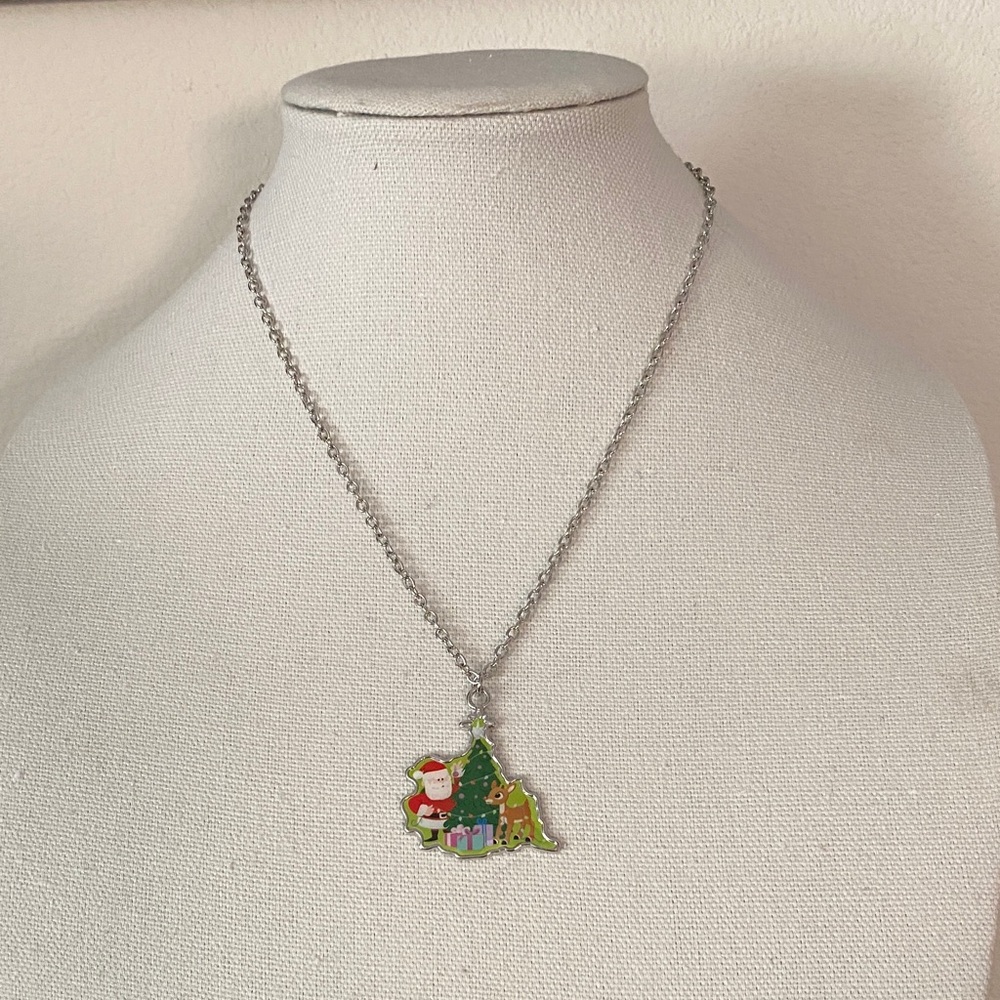 Kids Christmas Necklace with Santa and Tree Charm
